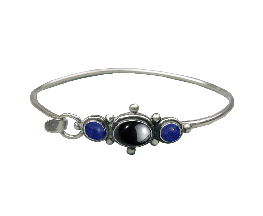 Sterling Silver Strap Latch Spring Hook Bangle Bracelet Hematite And Lapis Lazuli